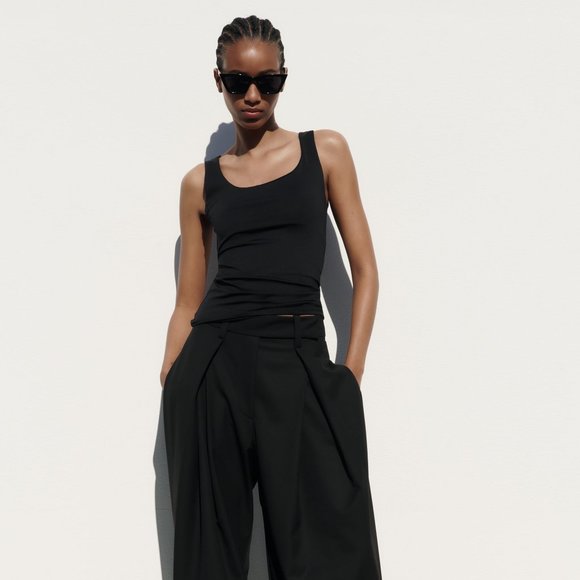 ZARA WIDE STRAP POLYAMIDE BLEND TOP in BLACK Size S NEW With TAGS - Picture 1 of 8